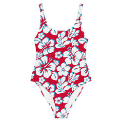 White with Aqua Blue Hawaiian Flowers on Red One Piece Swimsuit