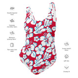 White with Aqua Blue Hawaiian Flowers on Red One Piece Swimsuit