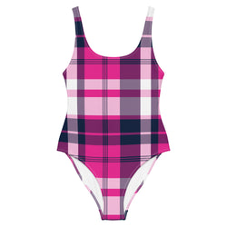 Hot Pink and Navy Blue Preppy Plaid One Piece Women's Swimsuit