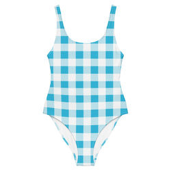 Aqua Blue and White Preppy Gingham One Piece Women's Swimsuit