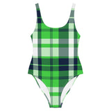 Lime Green and Navy Blue Preppy Plaid One Piece Swimsuit