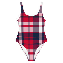 Red, White and Navy Blue Preppy Plaid One Piece Women's Swimsuit