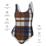 Navy Blue and Brown Preppy Plaid One Piece Women's Swimsuit