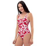 White Hawaiian Flowers on Red One Piece Swimsuit