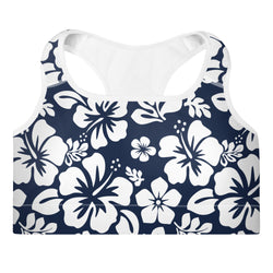 Navy Blue and White Hawaiian Flowers Padded Sports Bra