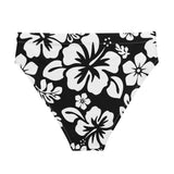 White Hawaiian Hibiscus Flowers on Black High Waisted Bikini Bottom - Extremely Stoked