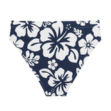 White Hawaiian Flowers on Navy Blue High Waisted Bikini Bottom - Extremely Stoked