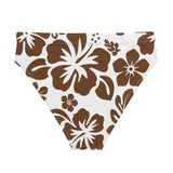 Brown Hibiscus Flowers on White High Waisted Bikini Bottom - Extremely Stoked