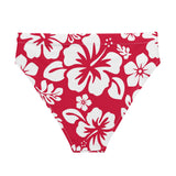 White Hawaiian Hibiscus Flowers on Red High Waisted Bikini Bottom