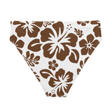 Brown Hibiscus Flowers on White High Waisted Bikini Bottom