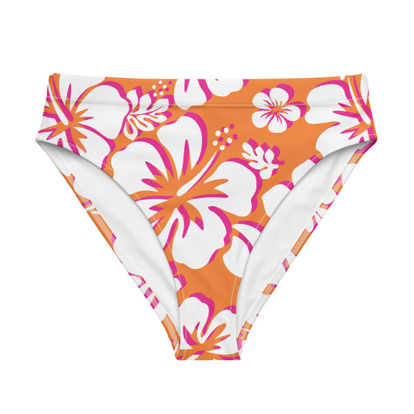 Juicy Orange, White and Hot Pink Hawaiian Flowers High Waisted Bikini Bottom - Extremely Stoked