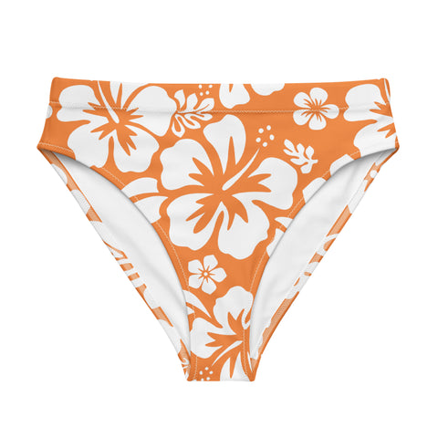 White Hawaiian Hibiscus Flowers on Orange High Waisted Bikini Bottom - Extremely Stoked
