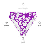 White Hawaiian Hibiscus Flowers on Purple High Waisted Bikini Bottom - Extremely Stoked