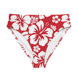 White Hawaiian Hibiscus Flowers on Red High Waisted Bikini Bottom - Extremely Stoked
