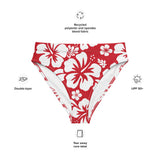 White Hawaiian Hibiscus Flowers on Red High Waisted Bikini Bottom - Extremely Stoked