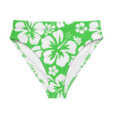 White Hawaiian Hibiscus Flowers on Lime Green High Waisted Bikini Bottom - Extremely Stoked