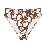White Hawaiian Hibiscus Flowers on Brown High Waisted Bikini Bottom - Extremely Stoked