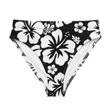 White Hawaiian Hibiscus Flowers on Black High Waisted Bikini Bottom - Extremely Stoked