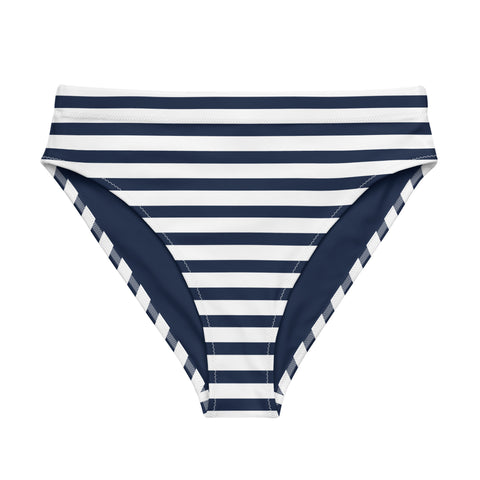Navy Blue and White Beach Stripes High Waisted Bikini Bottom - Extremely Stoked