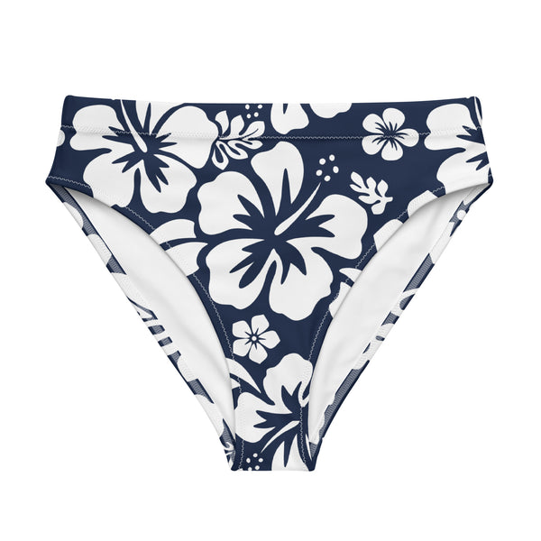 White Hawaiian Flowers on Navy Blue High Waisted Bikini Bottom - Extremely Stoked