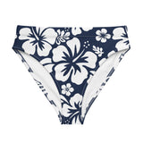 White Hawaiian Flowers on Navy Blue High Waisted Bikini Bottom - Extremely Stoked