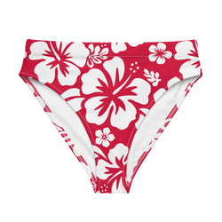 White Hawaiian Hibiscus Flowers on Red High Waisted Bikini Bottom