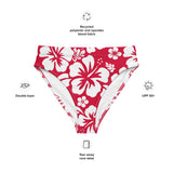 White Hawaiian Hibiscus Flowers on Red High Waisted Bikini Bottom