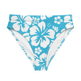 White Hawaiian Hibiscus Flowers On Ocean Aqua Blue High Waisted Bikini Bottom