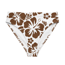 Brown Hibiscus Flowers on White High Waisted Bikini Bottom