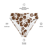 Brown Hibiscus Flowers on White High Waisted Bikini Bottom