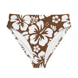 White Hawaiian Hibiscus Flowers on Brown High Waisted Bikini Bottom