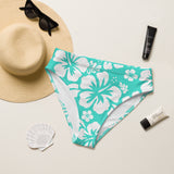 White Hawaiian Flowers On Turquoise High Waisted Bikini Bottom – Eco Swimwear from Extremely Stoked®