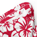 White Hawaiian Hibiscus Flowers on Red High Waisted Bikini Bottom