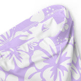 White Hawaiian Hibiscus Flowers On Lavender High Waisted Bikini Bottom