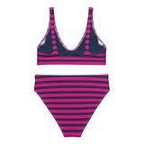Navy Blue and Medium Violet Red Beach Stripes High Waisted Bikini - Extremely Stoked