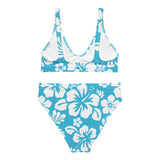 White Hawaiian Flowers on Aqua Ocean Blue High Waisted Bikini
