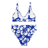 White Hawaiian Flowers on Royal Blue High Waisted Bikini - Extremely Stoked