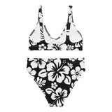 White Hawaiian Flowers on Black High Waisted Bikini