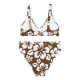 White Hawaiian Flowers on Brown High Waisted Bikini