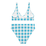 Aqua Blue and White Gingham High Waisted Bikini Swimsuit