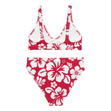 White Hawaiian Flowers on Red High Waisted Bikini