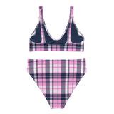 Pink and Navy Blue Preppy Surfer Girl Plaid High Waisted Bikini