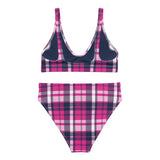 Hot Pink and Navy Blue Preppy Surfer Girl Plaid High Waisted Bikini