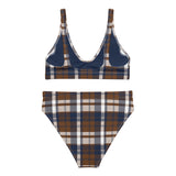 Navy Blue and Brown Preppy Surfer Girl Plaid High Waisted Bikini