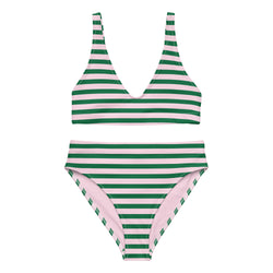Green and Soft Pink Beach Stripes High Waisted Bikini - Extremely Stoked