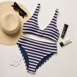Navy Blue and Soft Pink Beach Stripes High Waisted Bikini - Extremely Stoked