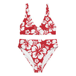 White Hawaiian Flowers on Red High Waisted Bikini - Extremely Stoked