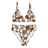 White Hawaiian Flowers on Brown High Waisted Bikini - Extremely Stoked