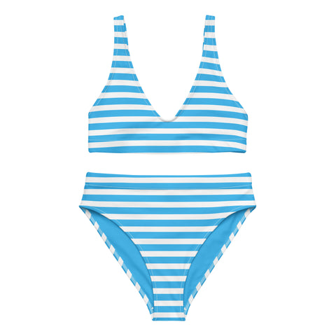 Deep Sky Blue and White Beach Stripes High Waisted Bikini - Extremely Stoked