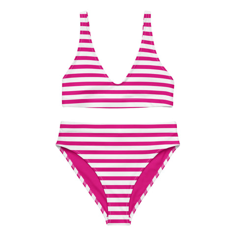 Dark Hot Pink and White Beach Stripes High Waisted Bikini - Extremely Stoked